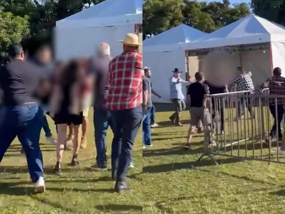 Vídeo mostra pai sendo agredido após atacar criança em festa junina no DF. Confira! O episódio, registrado por celulares, mostra o momento em que Douglas segura com força o braço do menino e é cercado por três homens que reagem com socos