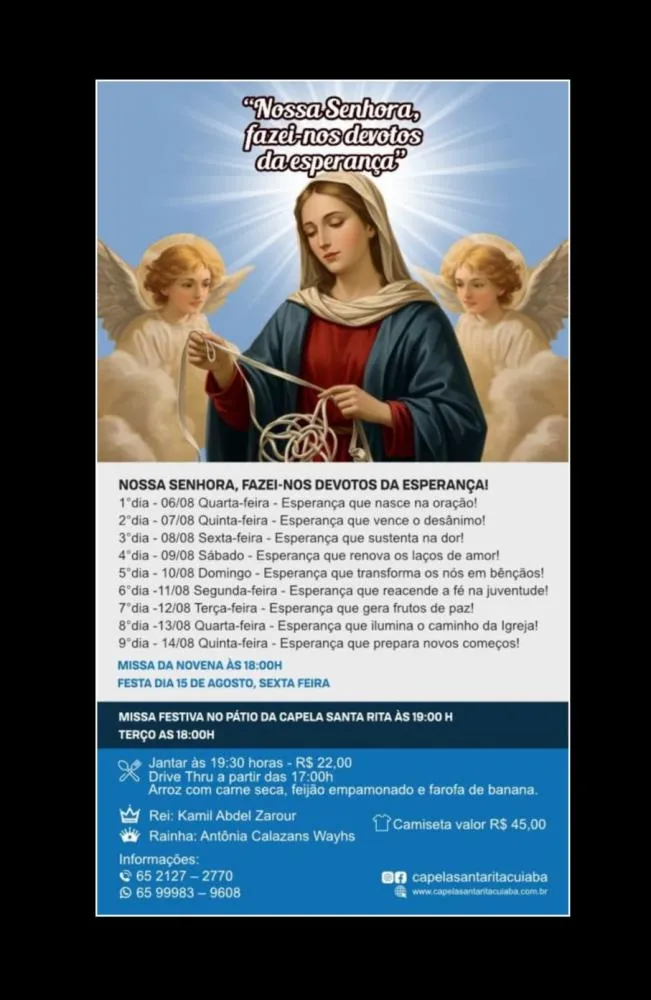 Convite: Festa de Nossa Senhora Desatadora dos Nós será dia 15 de agosto, mas nesta quarta, 6, começa a novena! Foto no final com a programação!